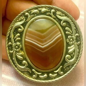 Vintage Floral Gold and Brown Agate Stone  Belt Buckle 🌸